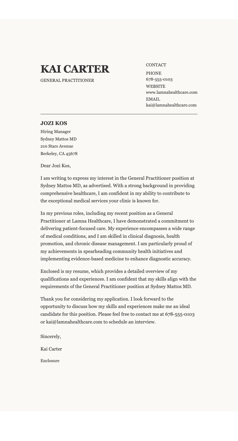 Modern classic professional cover letter - Elegant serif cover letter template for healthcare professionals. Classic layout highlights qualifications and contact details.